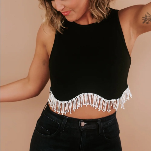 “Rockin Rhinestone” black crop tank with rhinestone hem - Picture 1 of 2